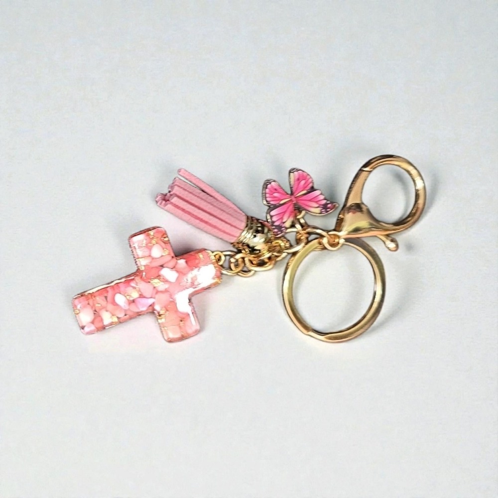 Pink Glitter Cross Butterfly Tassel Keychain Bag‎ Charm Gift